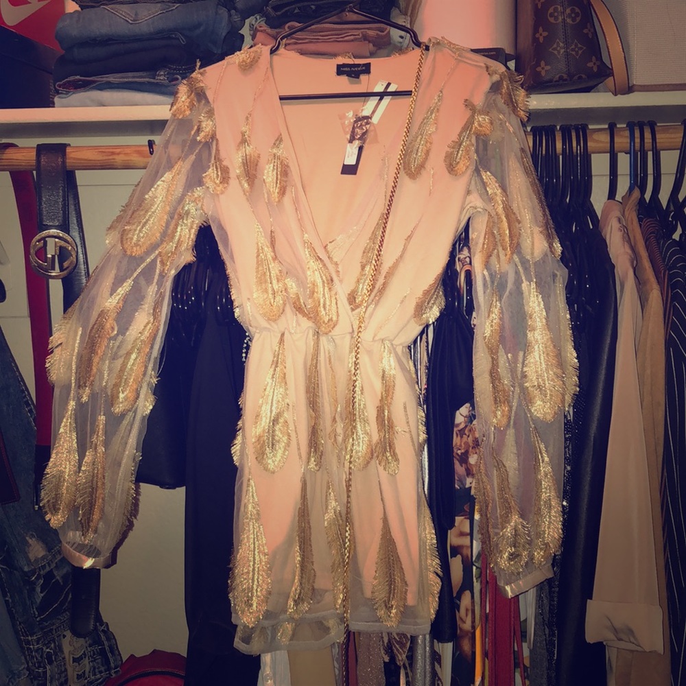 Golden feather shear nude romper. (Never worn)